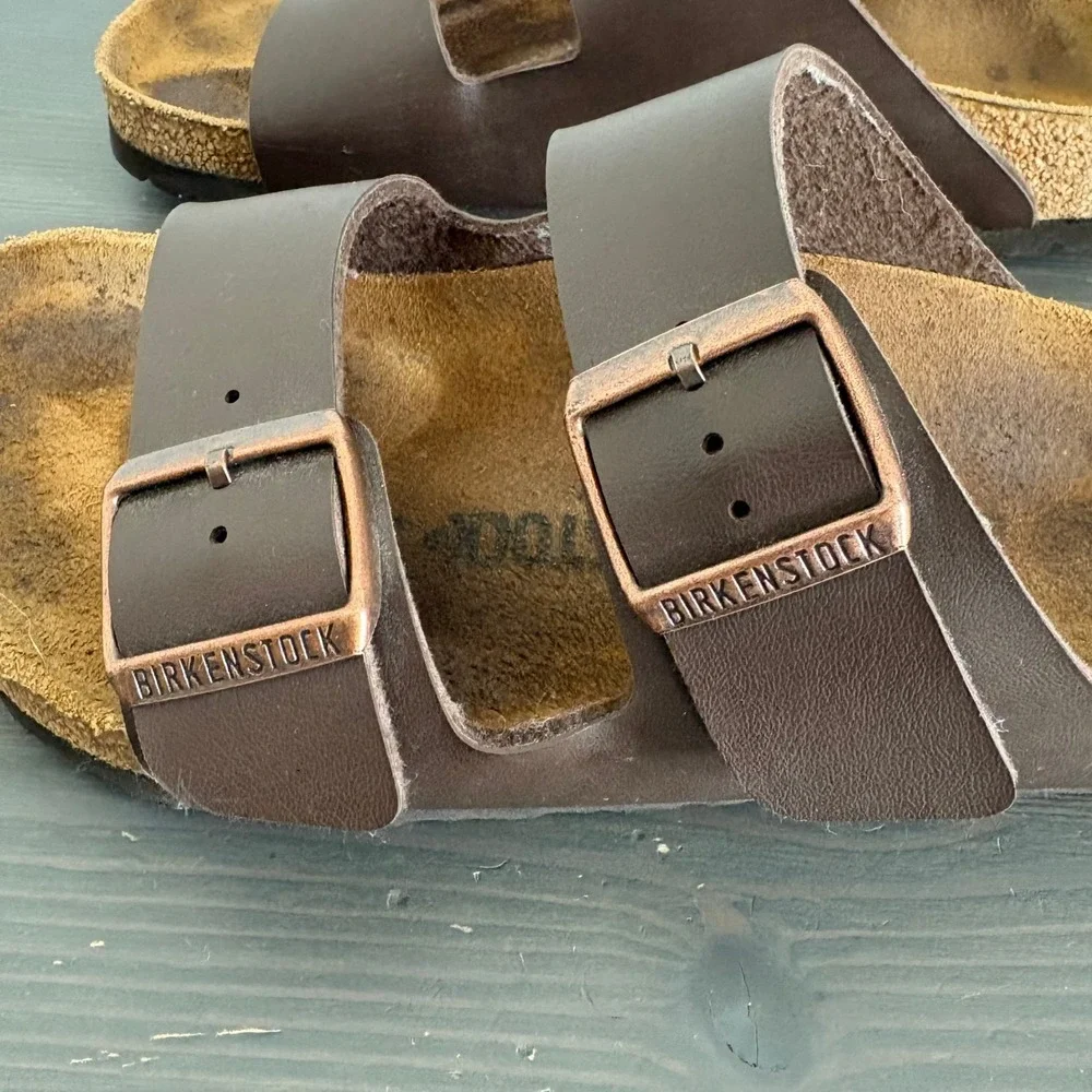 Birkenstock Sandals Arizona 38 Dark Brown Birko-Flor Two Strap Slide Comfort